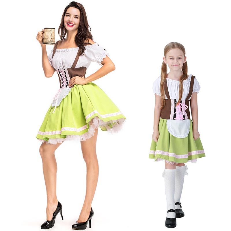 Elegant Bavarian Dirndl Costume For Oktoberfest With Off Shoulder Puff Sleeves And Floral Pattern