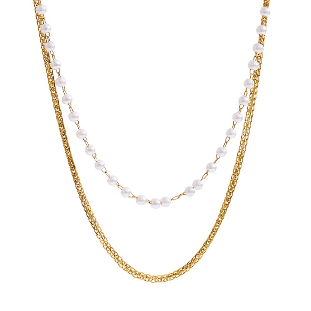 

Yhpup Trendy Simulated Pearls Double-Layer Chain Overlay Necklace Stainless Steel Fashion Chic Collar Jewelry New Exquisite Gift
