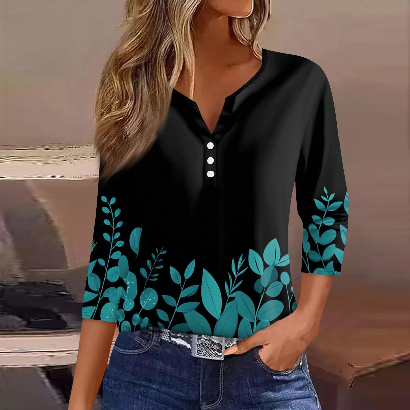 

Women s T Shirt Tee Print Button 3/4 Sleeve Daily Weekend Fashion Basic V- Neck Regular Top XXL циан