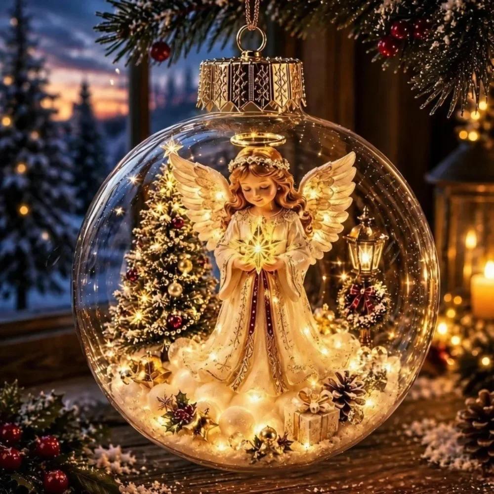 2pc Acrylic Material Christmas Ball Ornament Transparent Design with Light Santa Claus Pendant Hanging Christmas Decor