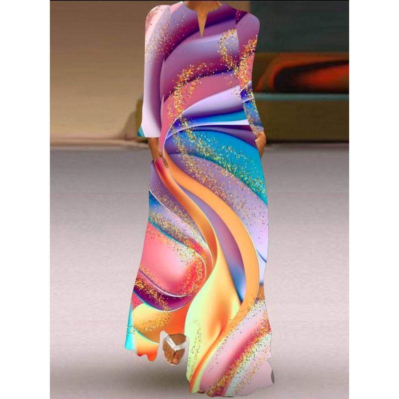 Long Sleeve Dress New Fashion Women's Clothing 3D Colorful Printing Stage Show Travel Photo Pocket V Neck Dress