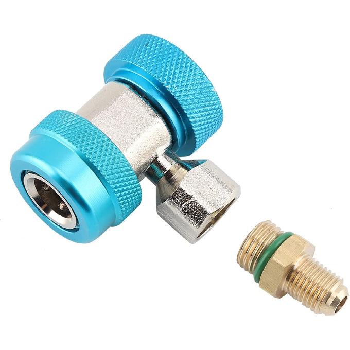 Quick Coupler R134A A/C Low Side Blue 90 Connector Air Conditioning Adapter with Extractor Valve Core, 1/4 Inch Male