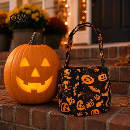 Kids Trick or Treat Tote Halloween Candy Bucket for Kids, Non-Woven Double Handle Bag Basket, Pumpkin Ghost Snack Holder with Party Favors Sturdy
