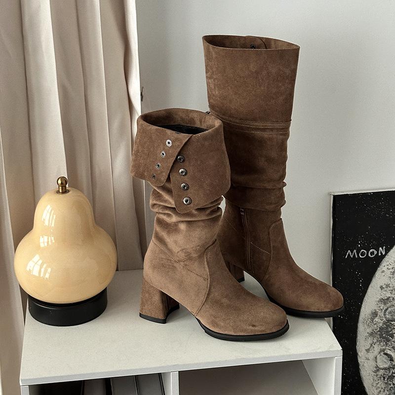 Versatile Design Thick Heel Tall Knight Boots Women's Autumn and Winter Retro Suede High Heel Boots Maillard Fashion Boots