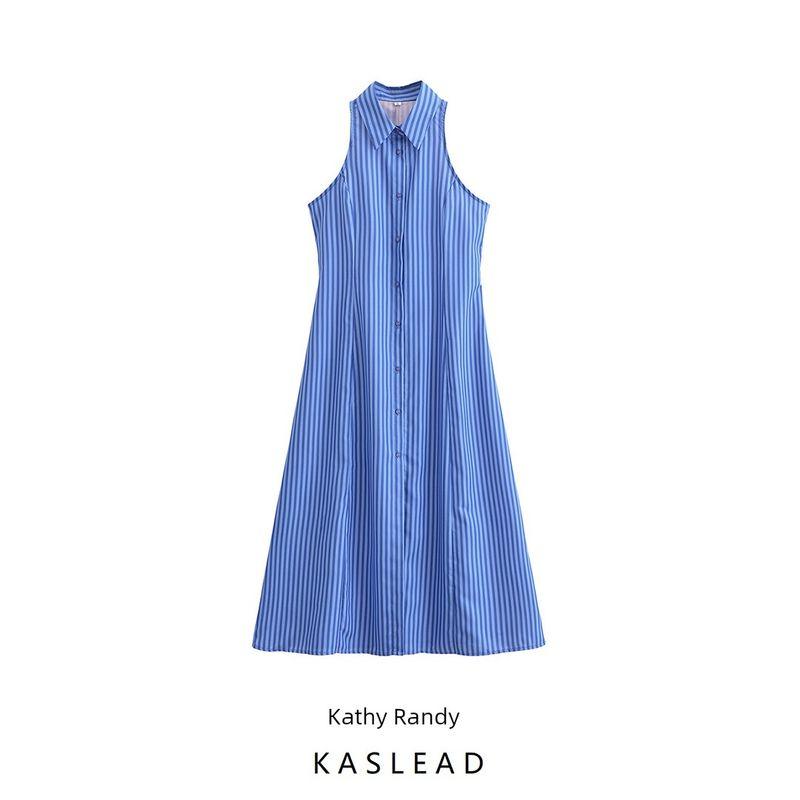 Kaslead New Arrival Women's Clothing Fashion Style Fashion Minimalist Stripes Shirt Collar Sleeveless Shoelace Dress