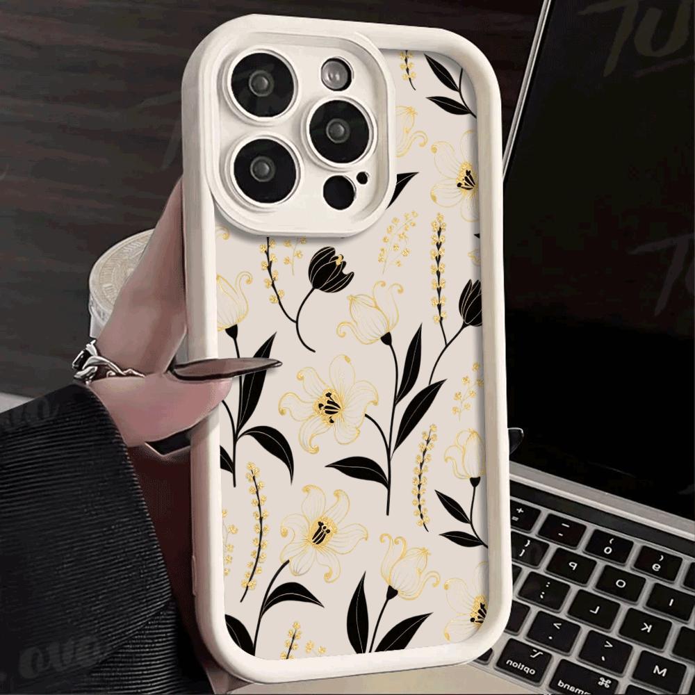 Gold Black Floral Pattern Phone Case for Xiaomi Redmi Note 14 13 12 11 10 9 8 7 Pro Shockproof Anti-Slip Soft TPU Cover