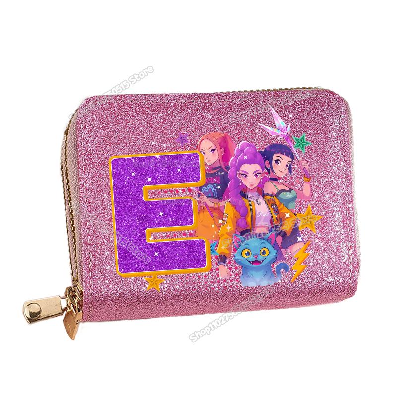 Korean Pop Demon Hunters Letter A-Z Women Short Wallet Bling Sequin Pu Leather Wallets Zipper Coin Purse ID Card Holder Girl Purse