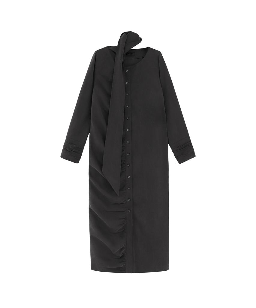 Teulimingbeodeu Scarf Shirring Long One-Piece [ Charcoal ]