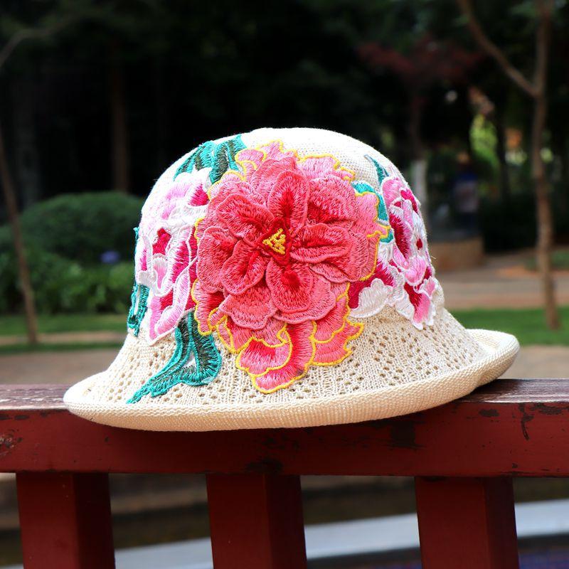 Vår og sommer etnisk vind broderi blomst sammenleggbar hatt dame strikkelue sandbøttehatt