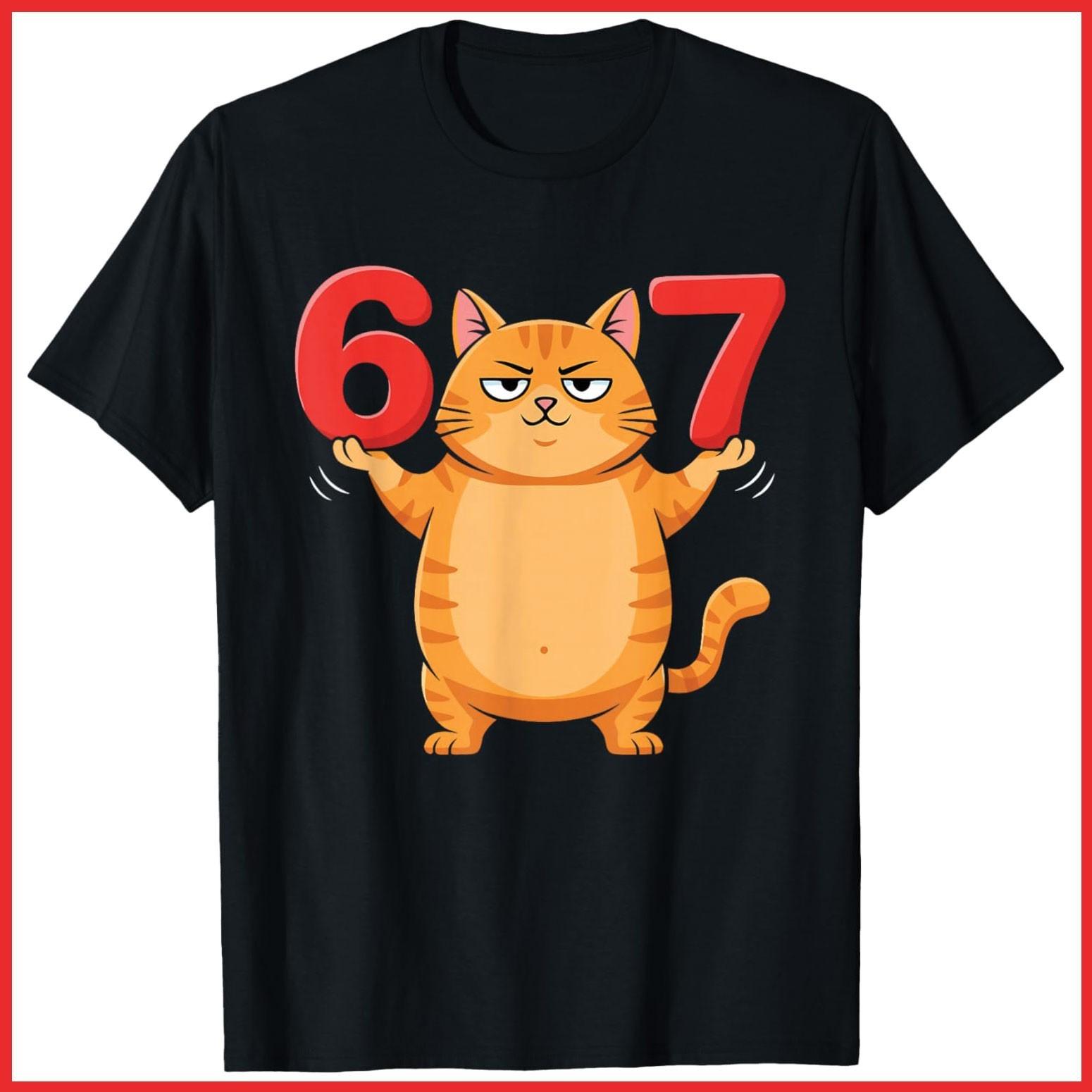 67 Funny Cat Six Seven Meme Gen Z Alpha Humor Black Cotton T-Shirt S-5XL XXXL