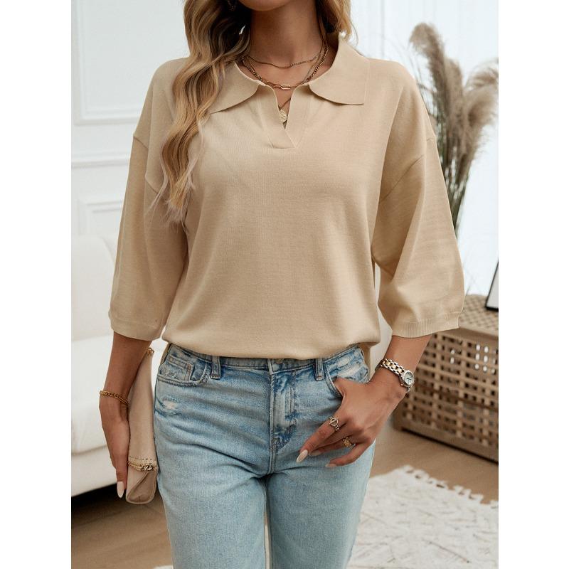Women Solid Color Lapel Solid Color Half Sleeve Loose Sweater