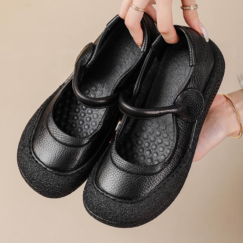 Fashion New Wide Toe Leather Shoes Women Mary Jane Flats Espadrilles Shoes Woman Vintage Loafer Roman Flats Ladies Fall Concise Moccasin