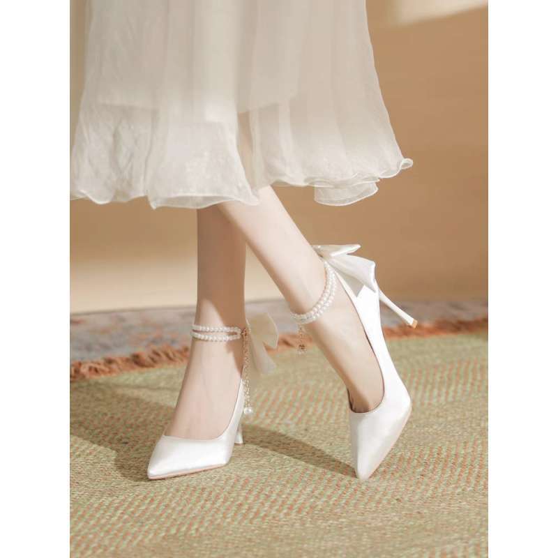 French white high heels women's 2025 autumn stiletto wedding shoes with skirt satin wedding shoes bow pointed single shoes