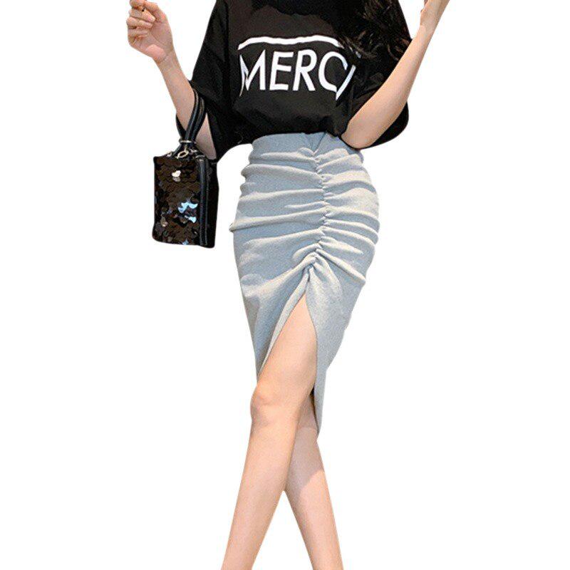 

Женская асимметричная однотонная юбка-миди с завышенной талией и рюшами One Size серый