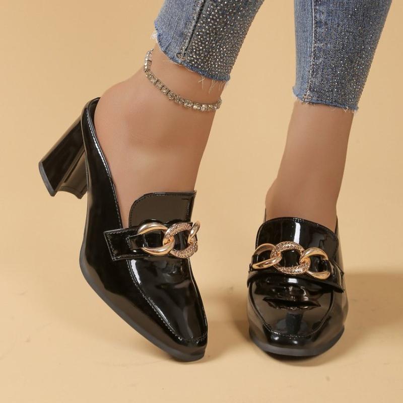 Fashion Fashion Light Weight High Quality Black Patent Leather Spring Slip on Square Heel Shoes Lady Casual