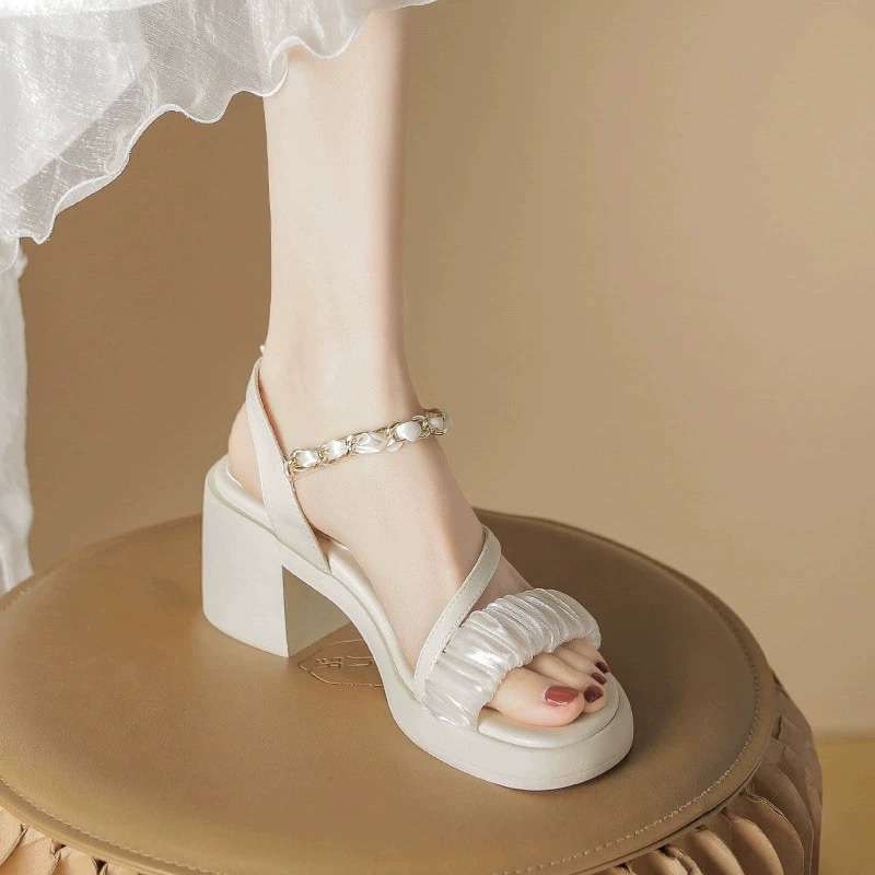 French high heels thick heel 2025 summer new versatile fashion small thick sole word belt sandals women's wear