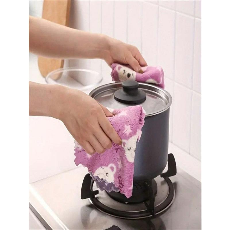 Dish Cloth, Coral Velvet Cartoon Printed Double-Sided CleaningTowels, Scouring Pad, New Kitchen Printed Cleaning Cloth