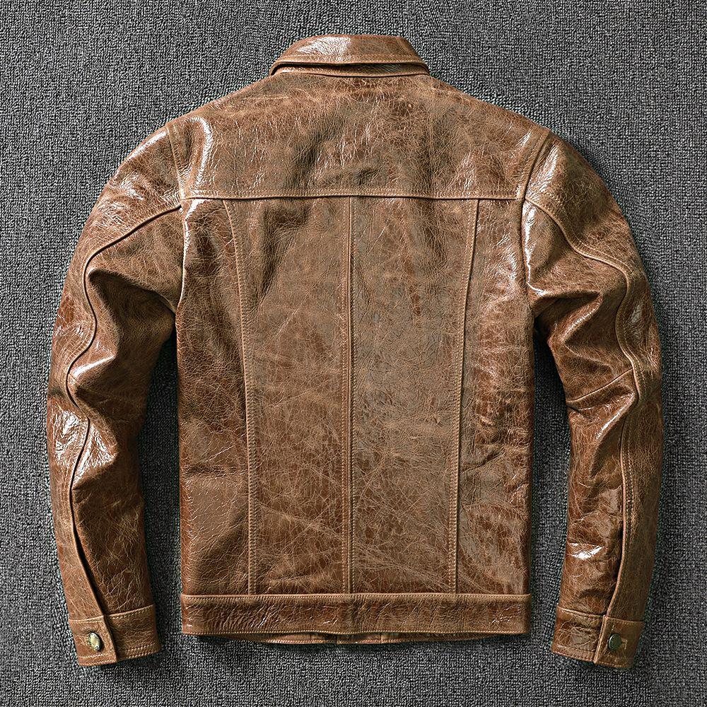 Giacca in Pelle Slim Coreana Giacca in Pelle Denim da Uomo Pelle di Mucca Strato Superiore Puro Cera d'Olio Stile Retrò Cappotto alla Moda