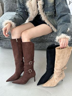 Pointed Thin Heel Thin Boots Stacking Boots 2025 Belt Buckle Korean Version Wrinkled High Heel Boots Thin Boots Women