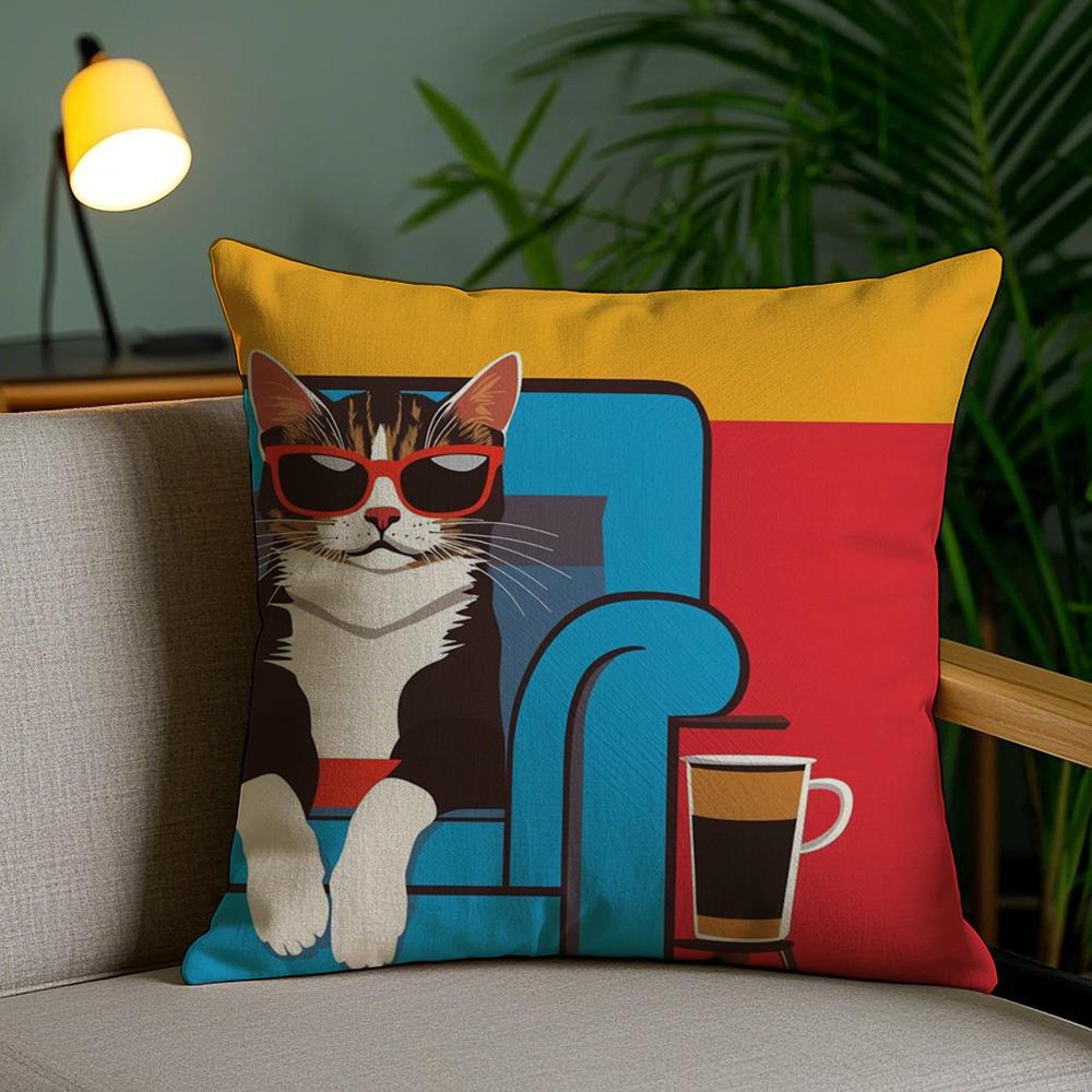 Bop Style Coffee Cats Cushion Cover Plush Fabric Soft Double-Sided Printed Invisible Zipper Sofa Pillow Case Home Decor