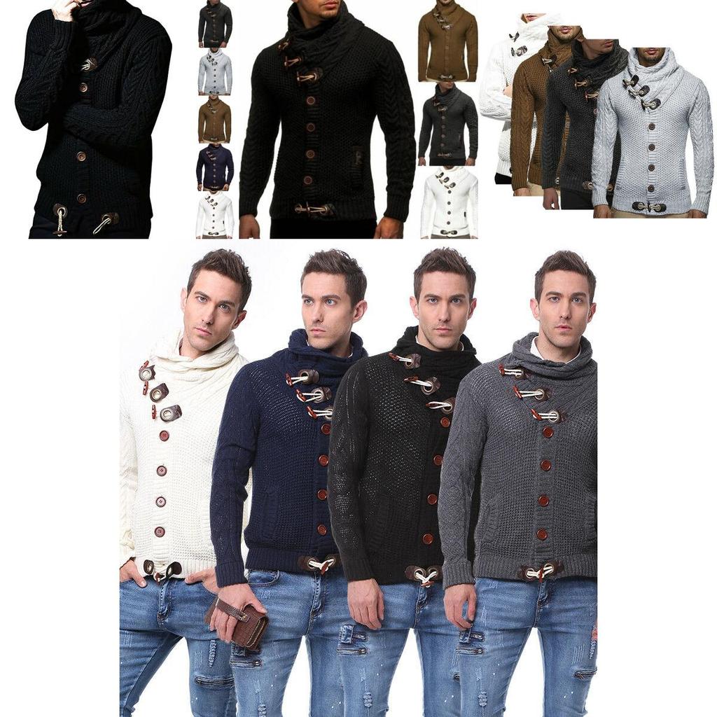 Elegant Men Long Sleeve Knitted Sweater With Horn Buttons And Turtleneck Coat Cardigan