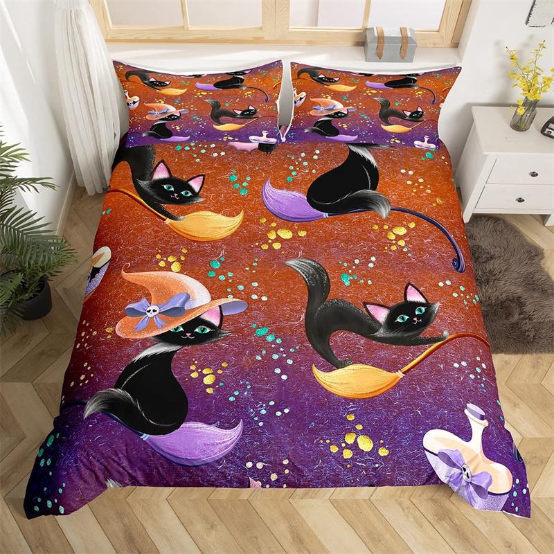 Cute Halloween Cat Duvet Cover Mystery Castle Bedding Set For Kids Teen Microfiber Misty Forest Bat Quilt Cover Queen Bedclothes