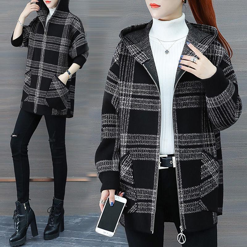 Women's Loose Plaid Hooded Jacket - 2025 Autumn/Winter Fashionable Zipper Cardigan