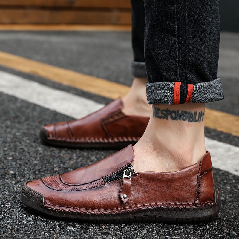 

38-48 Мужские большие размеры, резиновая обувь для вождения автомобиля с ручной строчкой, мужская обувь 45 темно-коричневого