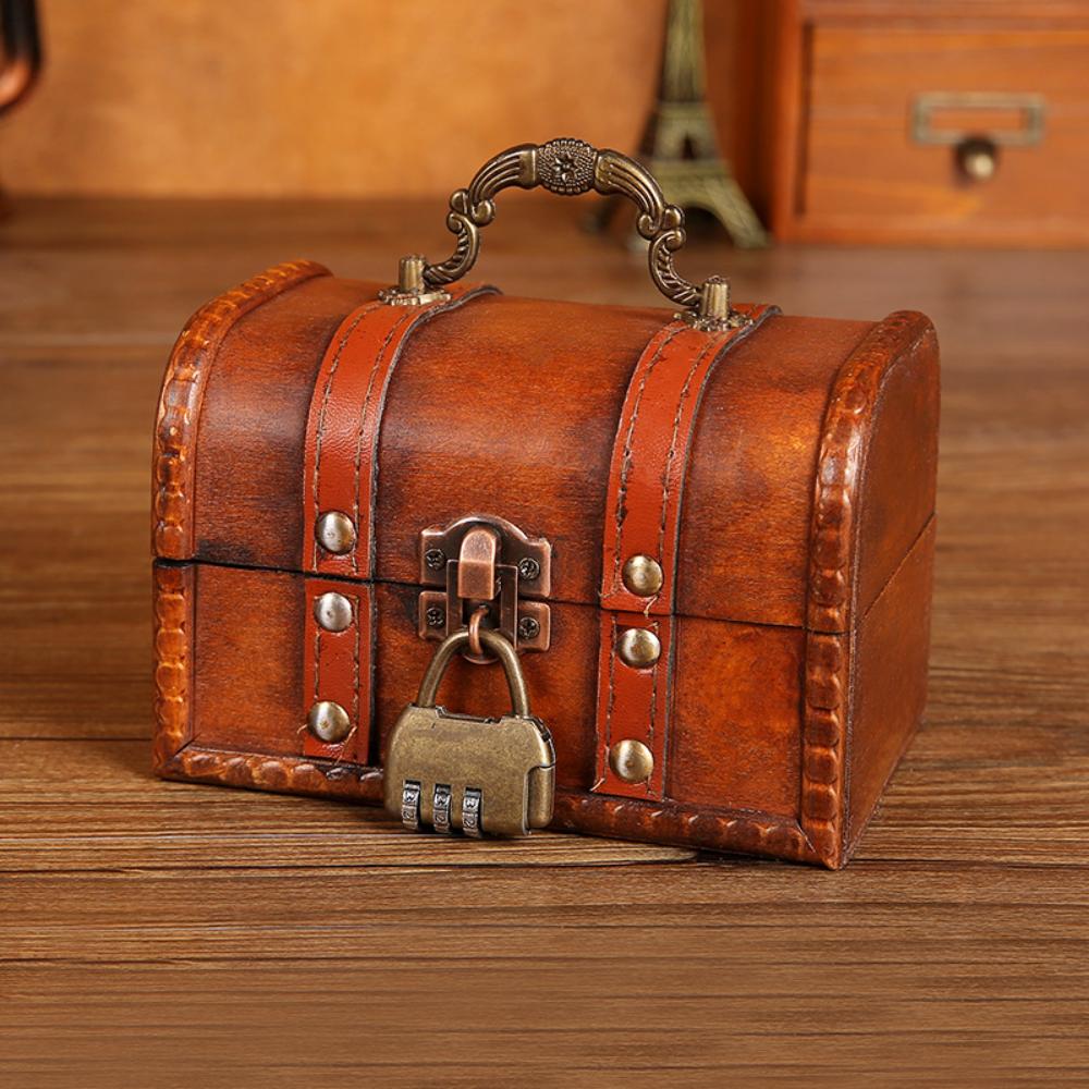 Password Lock Wooden Storage Box Key Unlocking Durable Treasure Chest Retro Style Trinket Box for Jewelry Art Collection
