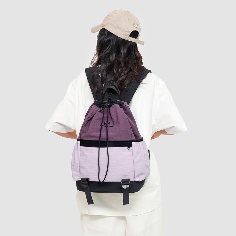 Casual Backpack Drawstring Ties Contrasting Color Versatile Schoolbag Large Capacity Outdoor Mountaineering Sports Travel Backpack