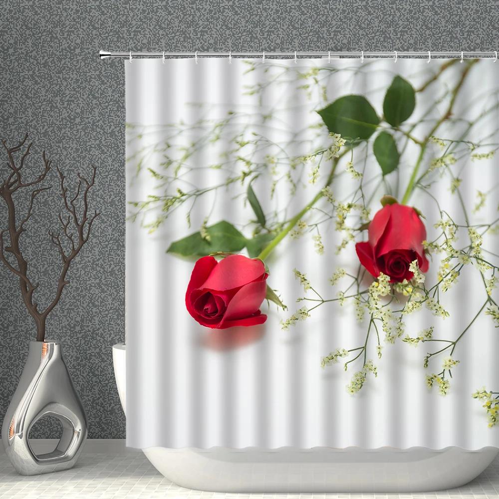 Rose Shower Curtain Set Romantic Valentine's Day Flower Waterproof Polyester Cloth Curtains Bathroom Home Decor With Hooks