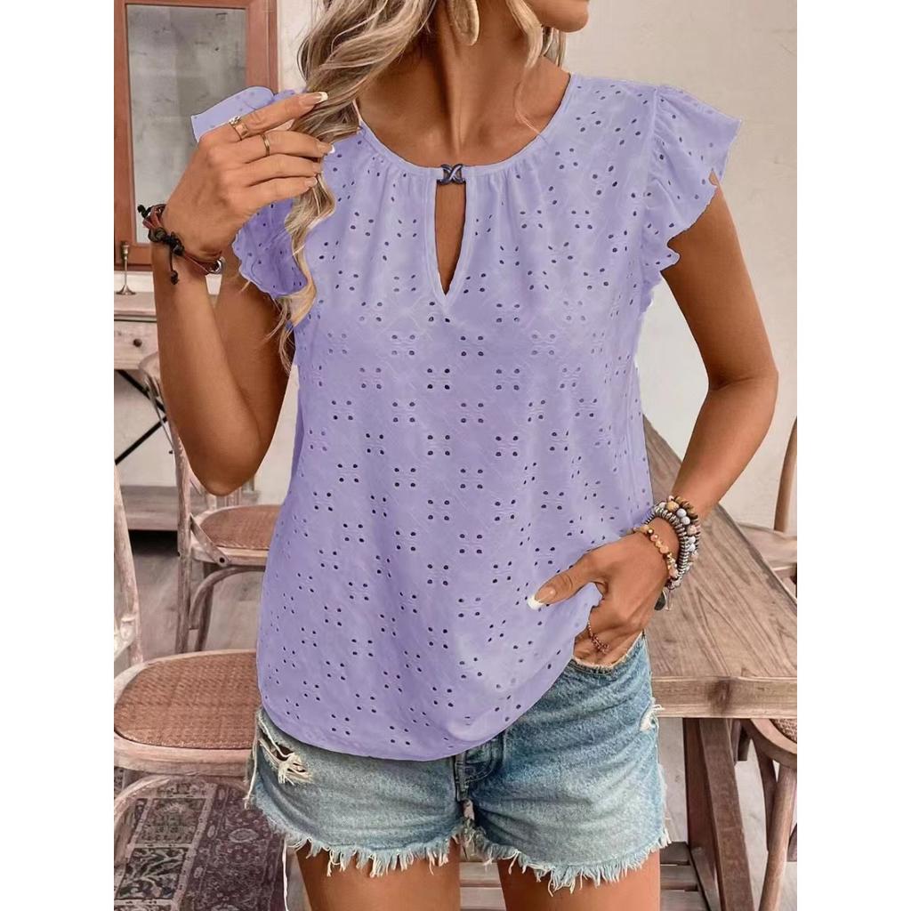 Jacquard V-Neck Push-Up Sleeve Short Sleeve T-Shirt Top,Women's