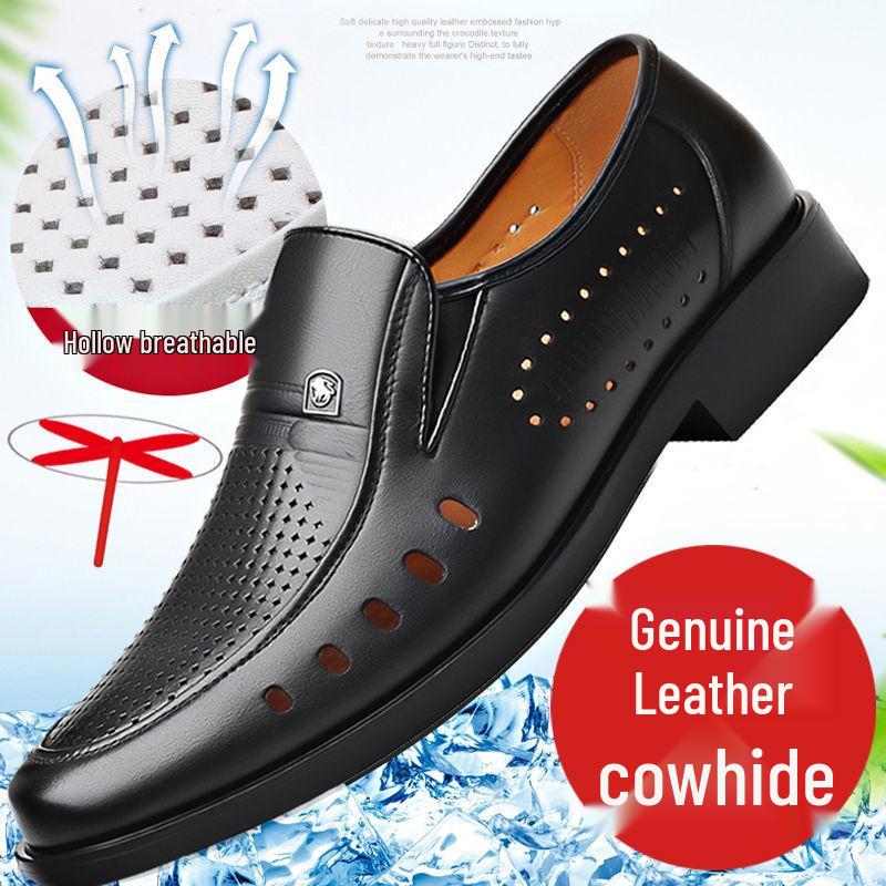 Men's Breathable Genuine Leather Hollow Sandals - Soft Sole, Non-Slip, Perfect for Summer and Business Wear