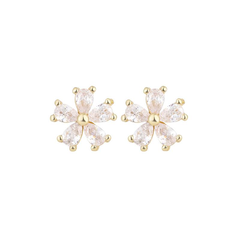Korean Elegant Five-petaled Flowers Crystal Stud Earrings for Women Summer Wedding Zircon Accessory Brincos Wholesale Gift
