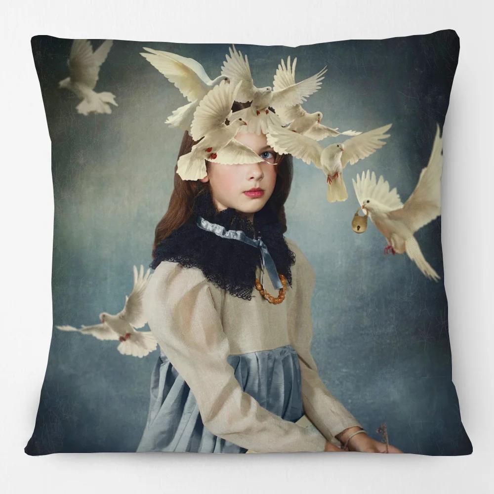 European Flower Painting Rose Dreams Woman Girls Portrait Poster Cushion Cover Birds Dove Home Pillow Case