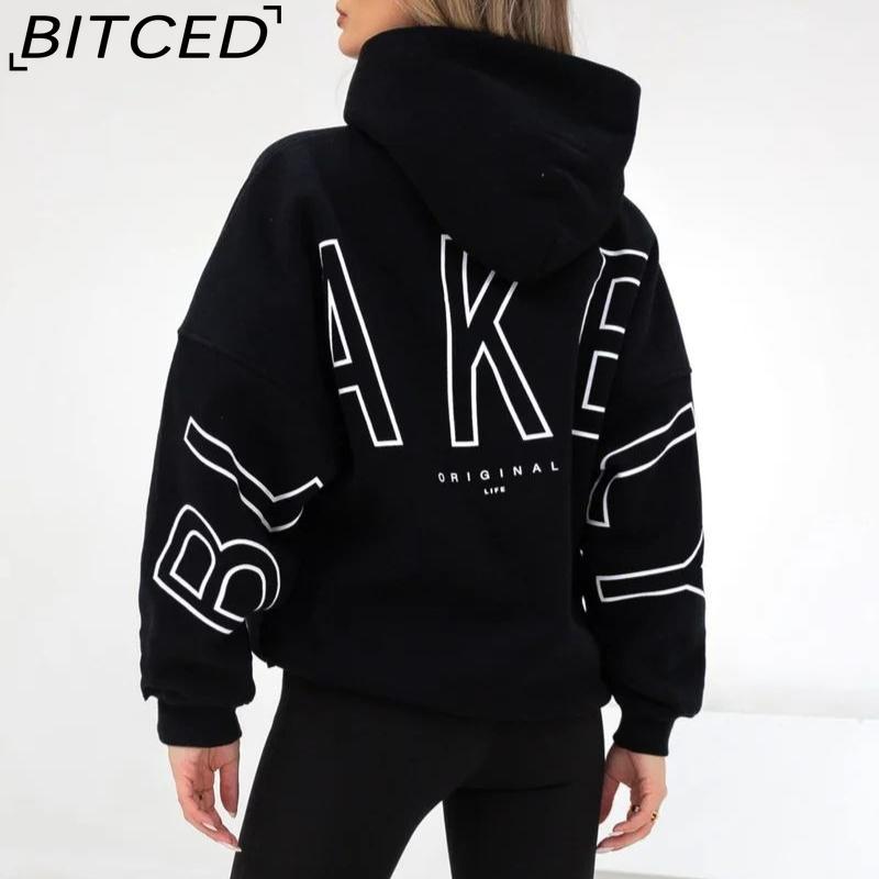 BITCED Модная толстовка с капюшоном и принтом, универсальная, с длинным рукавом, оверсайз, в стиле хип-хоп XXL чёрный