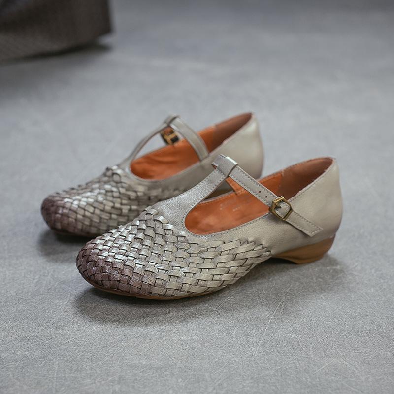 Johnature Genuine Leather Woven Shallow Mary Jane Shoes Retro Low Heeled Women's Shoes