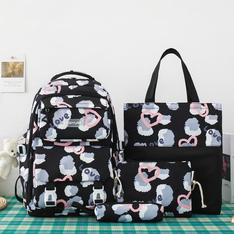 School bag girl love backpack large capacity junior high school campus school bag girl cute casual four-piece backpack