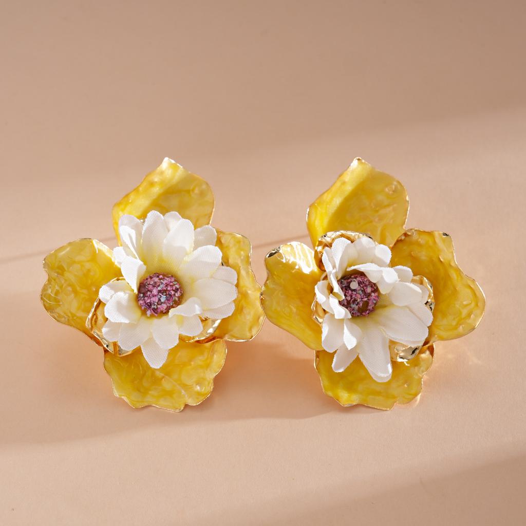 Colorful Drip Oil Fabric Flower Stud Earrings for Women Girls Vintage Exaggerated Drop Earring Vacation Jewelry Accessory