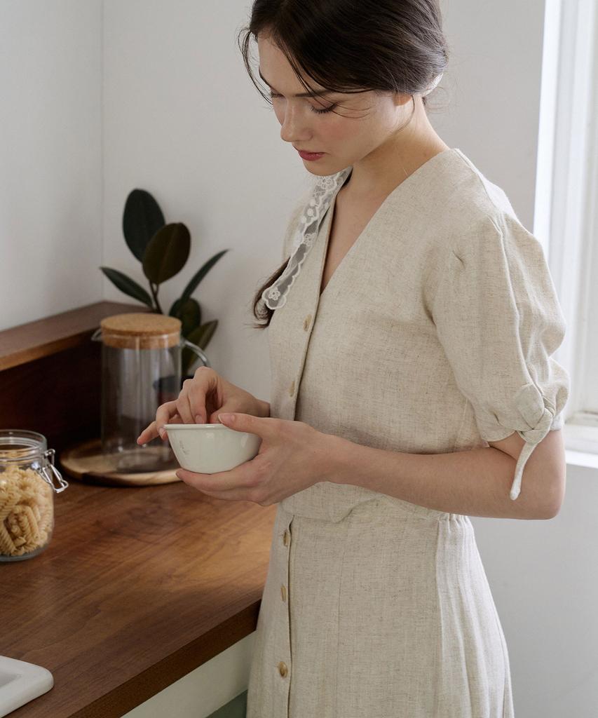 BIBYSEOB [Set] Ribbon Tie Shirt + Button Long Skirt Beige