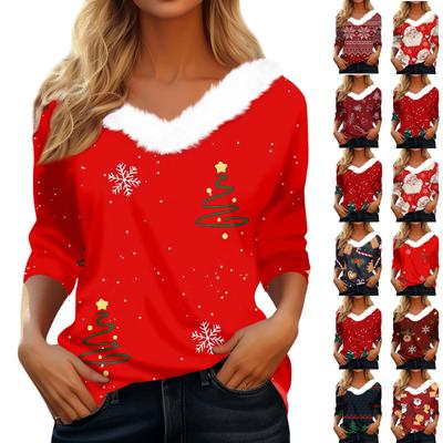 Modisches Langarm-Oberteil mit Weihnachtsdruck und Partykragen für Damen mit V-Ausschnitt