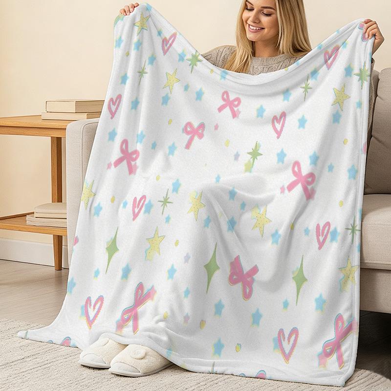 Non-Shedding Flannel Fleece Blanket - Ultra Soft Skin-Friendly Cute Stars, Hearts & Bows, Warm Cozy Home Throw for Halloween & Christmas, Cozy Decor
