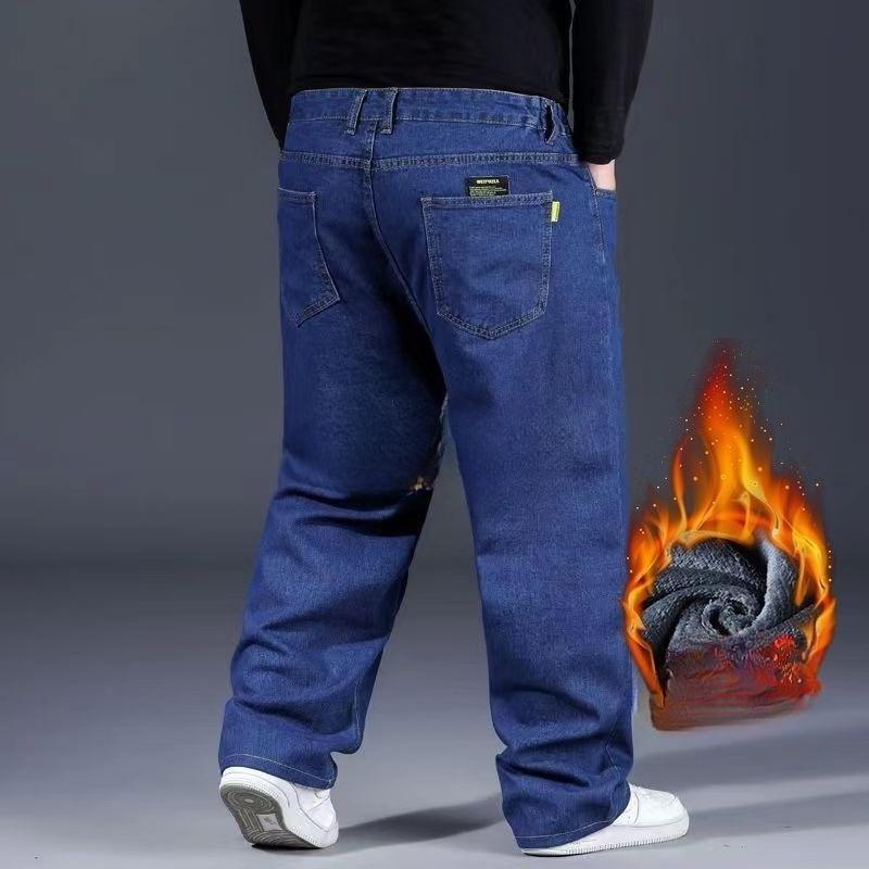 Autumn and Winter Plus Velvet Plus Size Jeans Men's Loose Straight Wide-leg High-waist Trousers