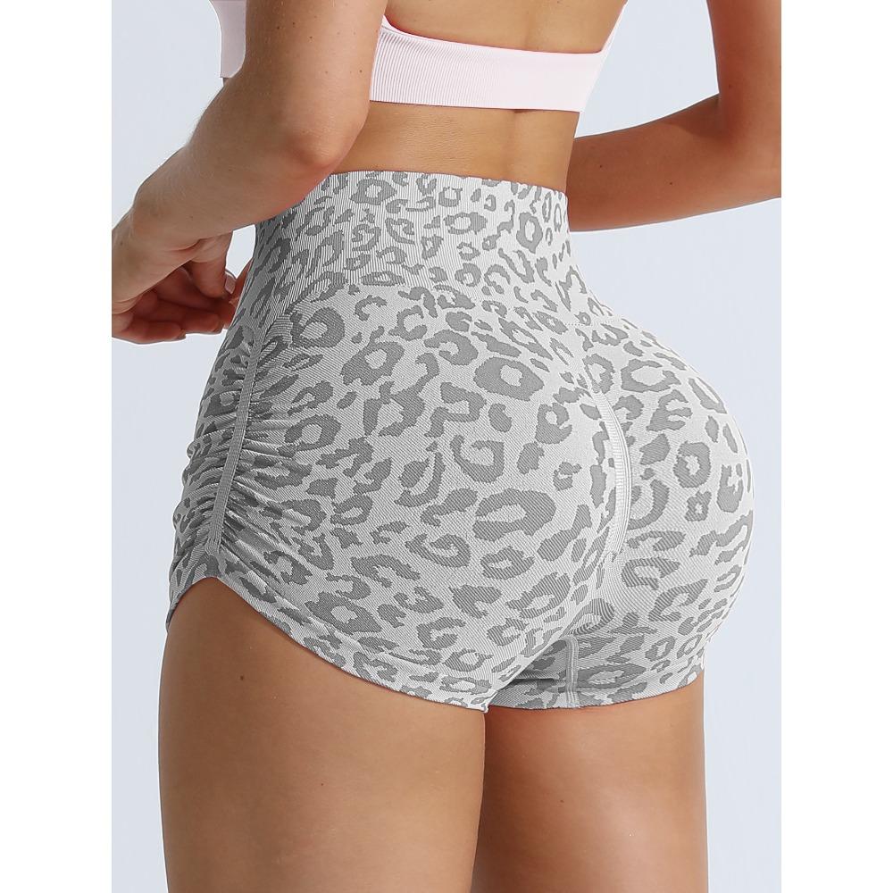 Explosive high-waisted belly-tucking leopard print yoga three-point pants women's buttocks lift tight running peach fitness shorts