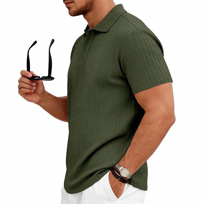 Mens Summer Textured Short Sleeve Polo Shirt Business Casual Solid Lapel Top