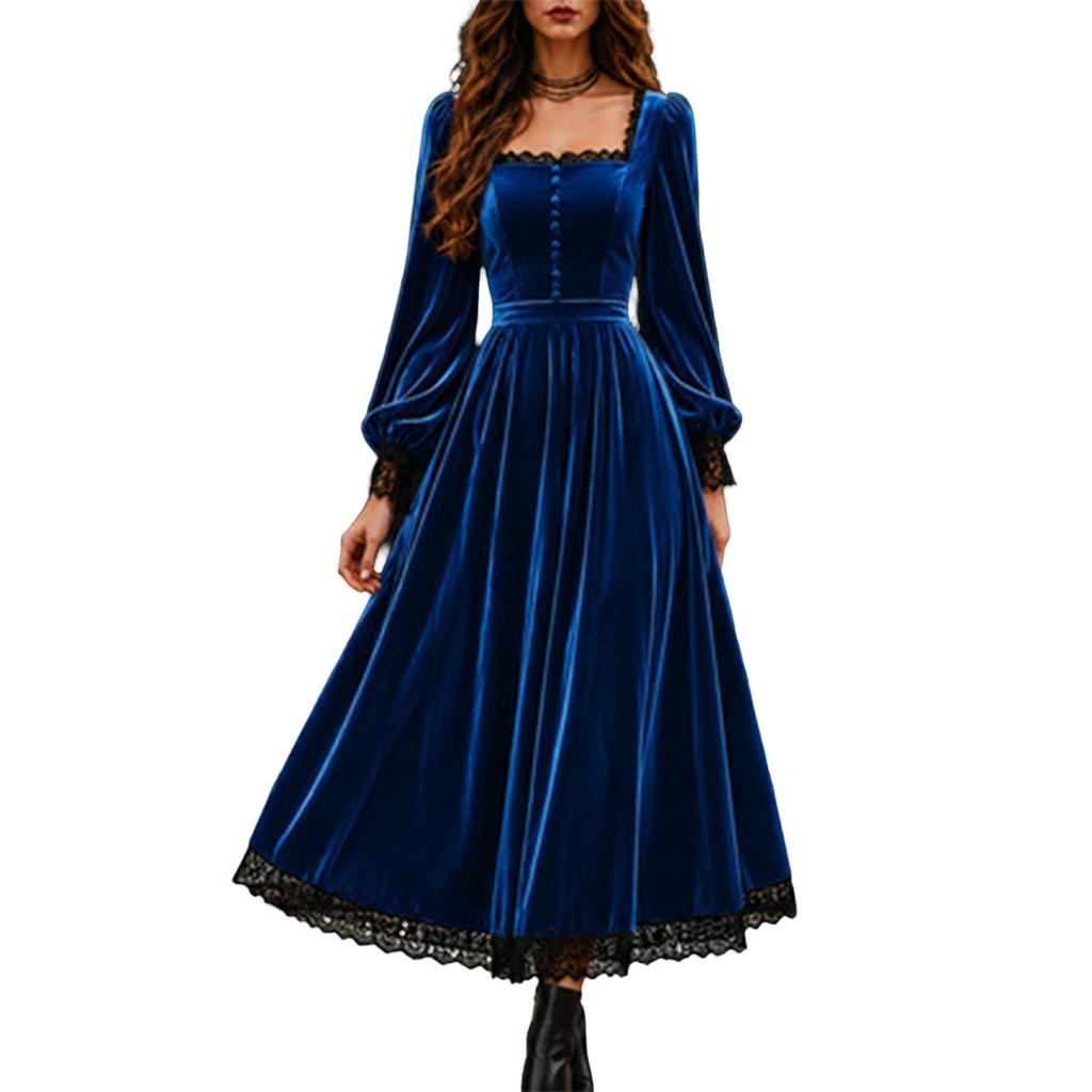 Women's Color Square Neck Long Sleeve Lace Patchwork Evening Dress for Party and Formal Events