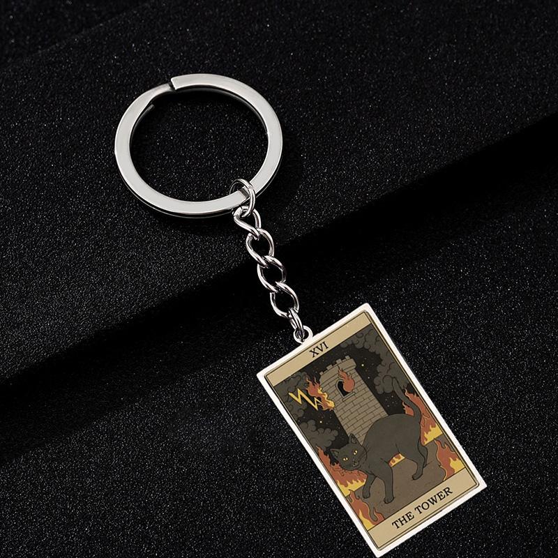 Cute Cat Tarot Card Keychain Vintage Rectangle Epoxy Stainless Steel Pendant Key Chain Animal Divination Jewelry