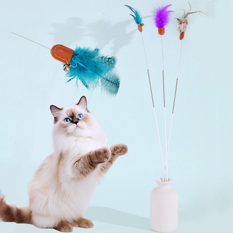Cat Toy Feather Cat Toys Interactive Spring Handle Cats Teaser Stick Toys Self-hi Feather Sticks Cats Toy with Bell Pet Products