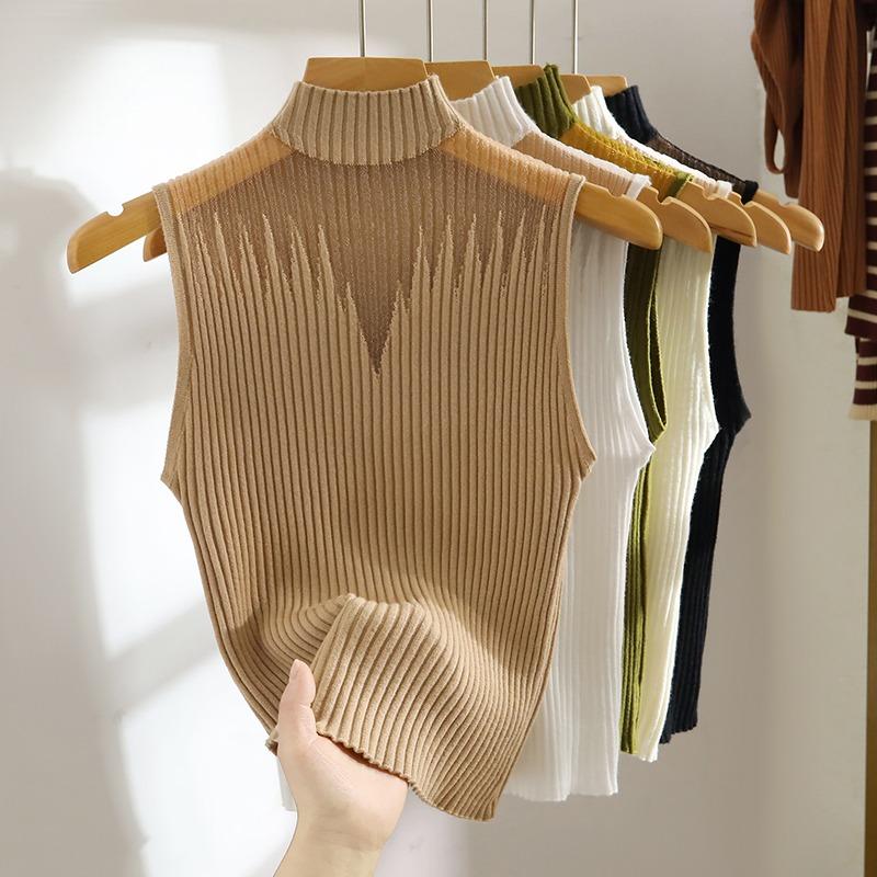 Summer New Sleeveless Casual Tank Tops Women Clothes Semi High Neck Inner Slim Fit Women's Tanks Camis Elegant Solid Simple Knit Lady Tank Vest 26151