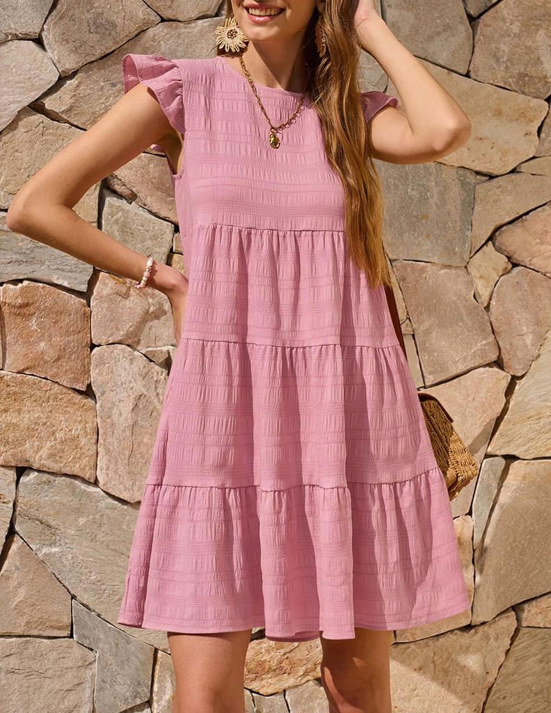 Womens Ruffle Sleeve Mini Dress Loose Fit Babydoll Summer Beach Sundress